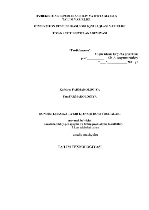 Qon Sistemaiga Ta’sir Etuvchi Dori Vositalari