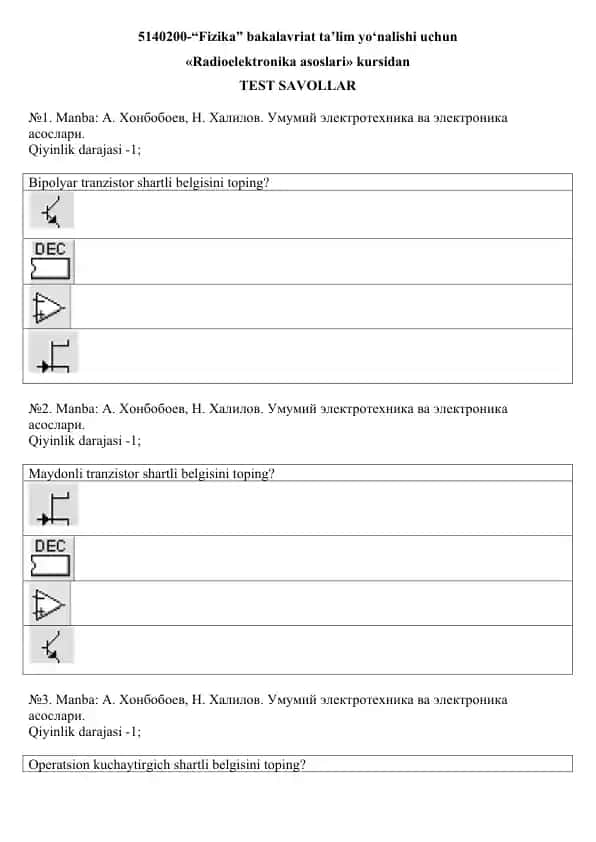 Radioelektronika asoslari kursi test savollari