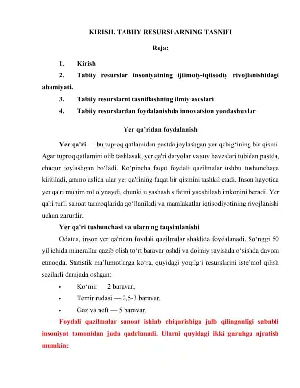 TABIIY RESURSLARNING TASNIFI