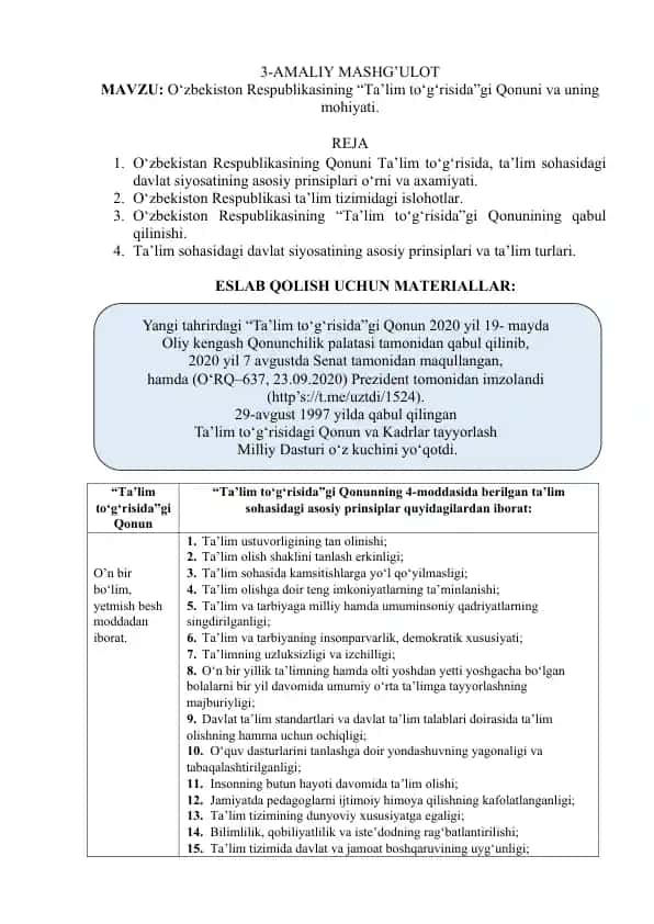 O‘zbekiston Respublikasining “Ta’lim to‘g‘risida”gi Qonuni va uning mohiyati