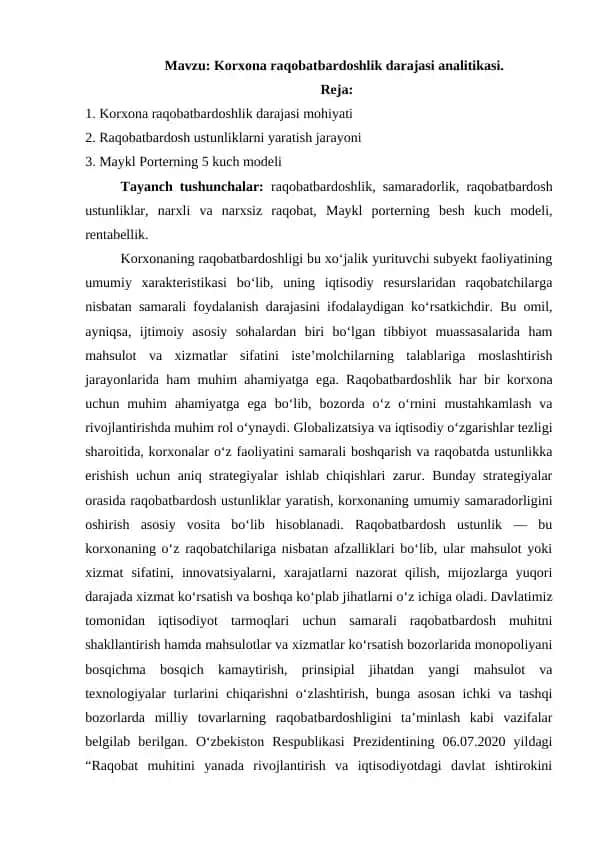 Korxona raqobatbardoshlik darajasi analitikasi