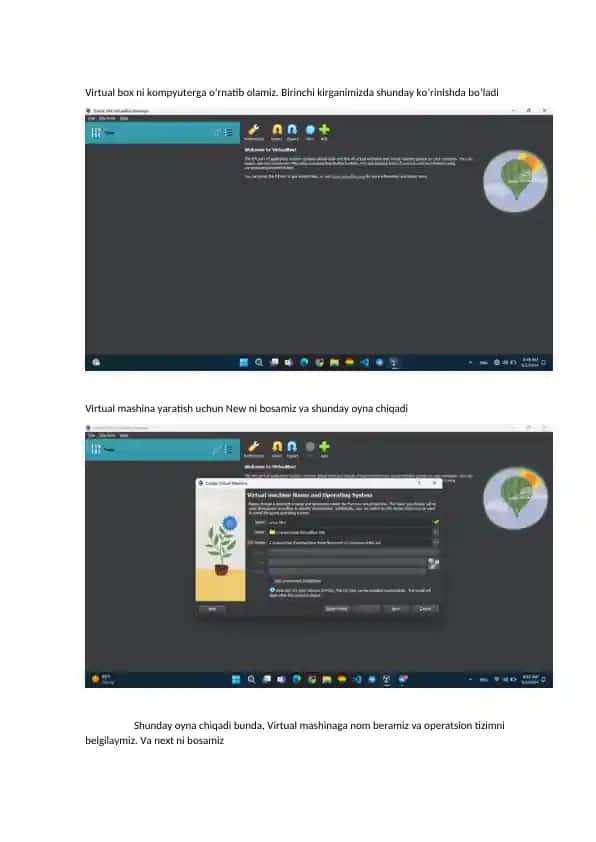 Virtual Box yaratish jarayoni