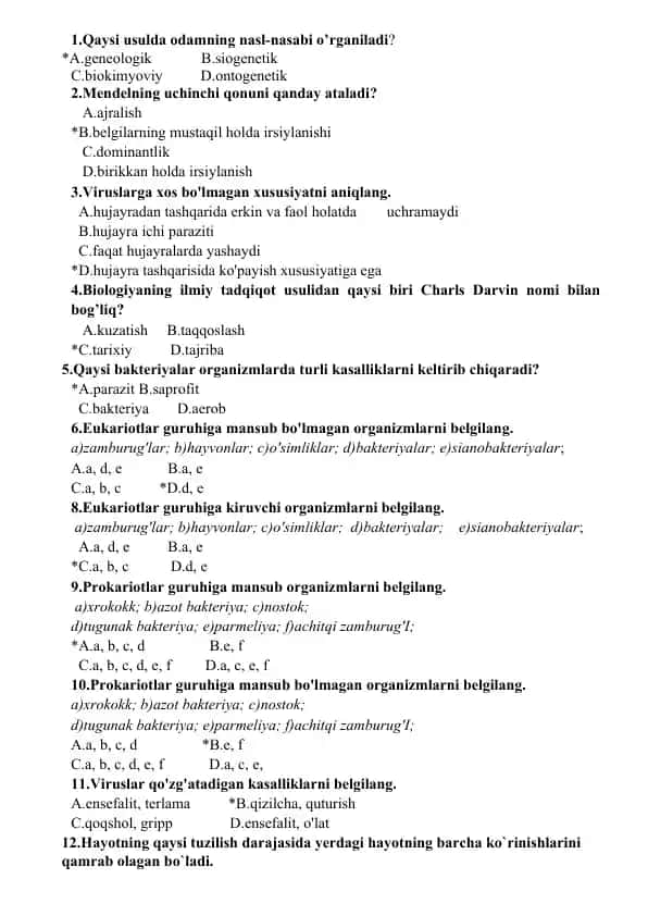 Biologiya test savollari