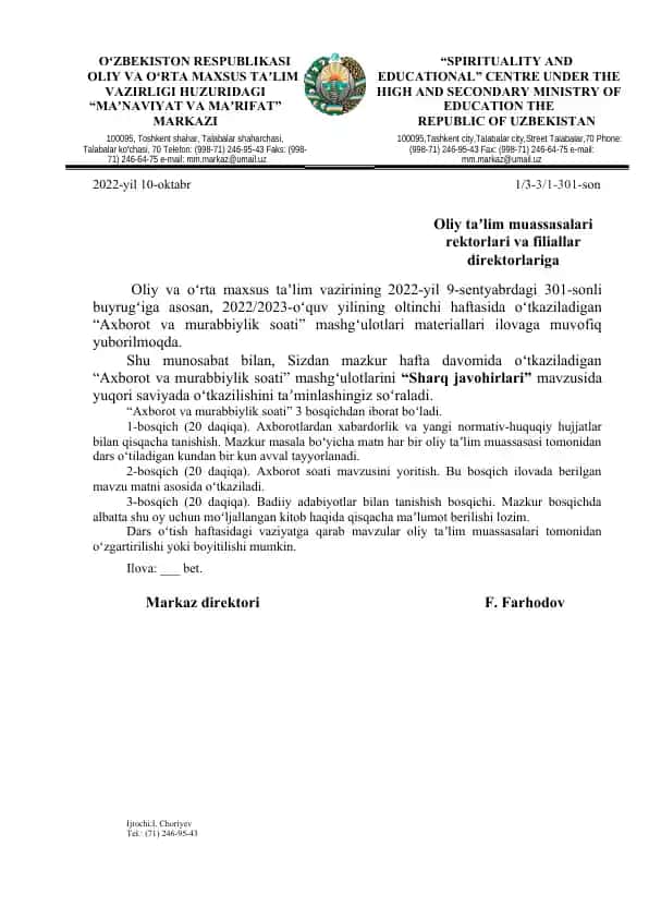 "Axborot va murabbiylik soati"
