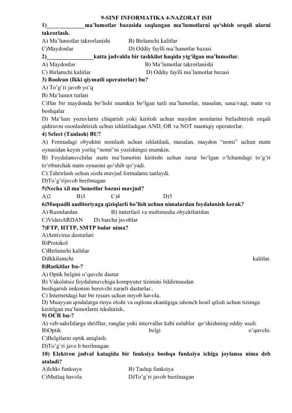 9-SINF INFORMATIKA 4-NAZORAT ISH
