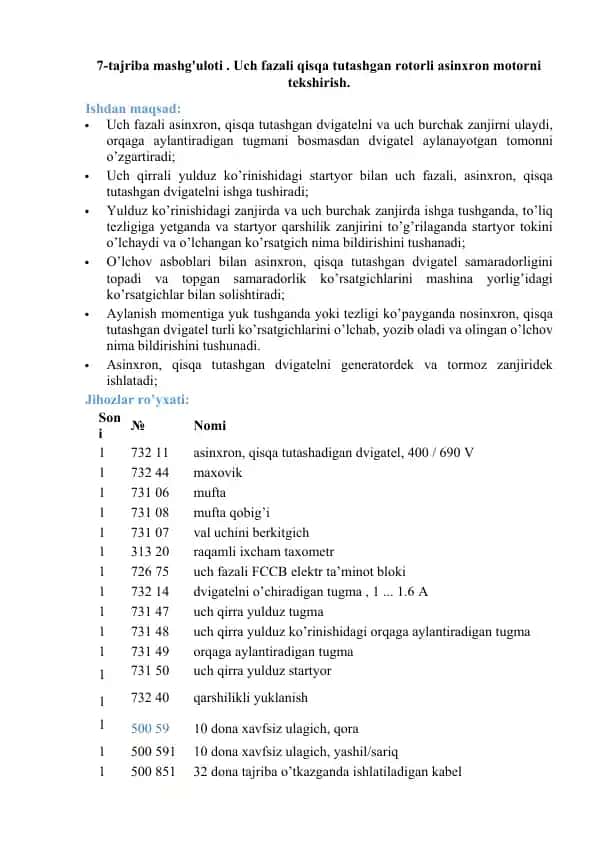 7-tajriba mashg'uloti - Uch fazali qisqa tutashgan rotorli asinxron motorni tekshirish
