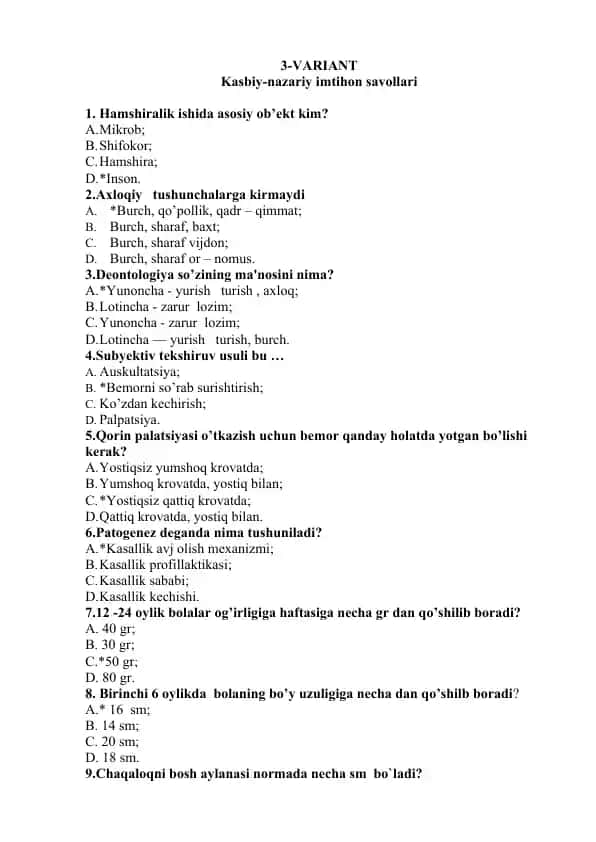 Kasbiy-nazariy imtihon savollari