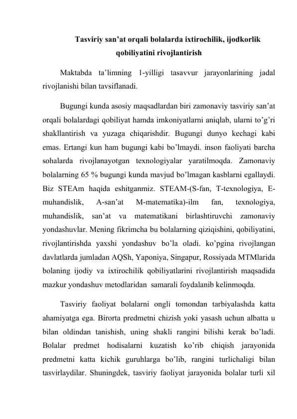 Tasviriy san’at orqali bolalarda ixtirochilik
