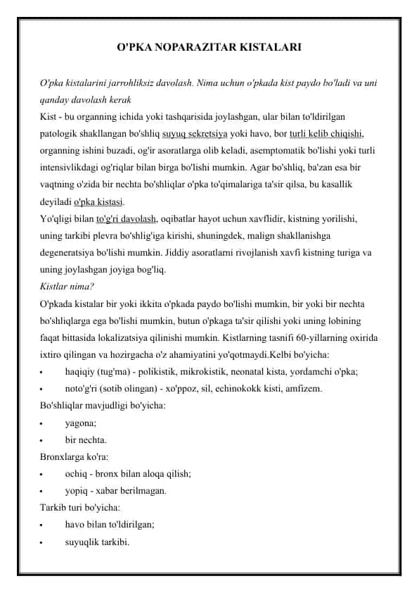 O'PKA NOPARAZITAR KISTALARI