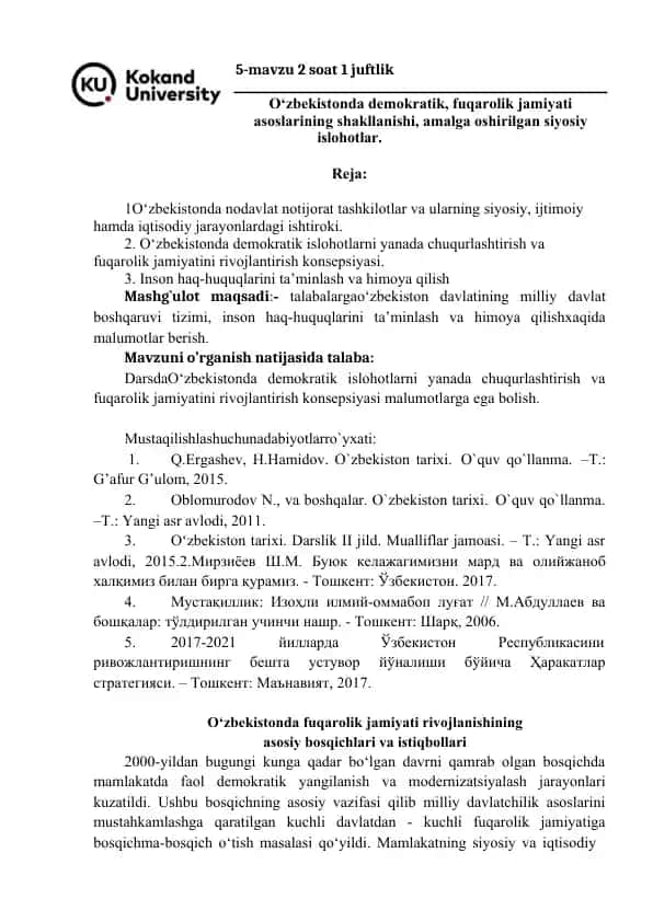 O‘zbekistonda demokratik, fuqarolik jamiyati asoslarining shakllanishi, amalga oshirilgan siyosiy islohotlar