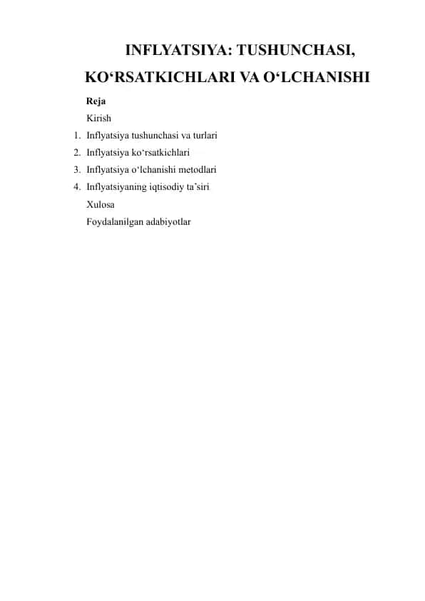 INFLYATSIYA: TUSHUNCHASI, KO‘RSATKICHLARI VA O‘LCHANISHI