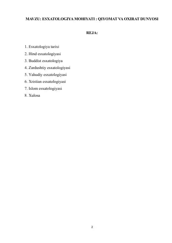 ESXATOLOGIYA MOHIYATI: QIYOMAT VA OXIRAT DUNYOSI