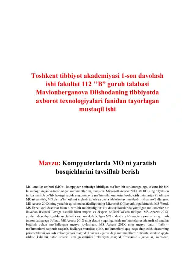 Kompyuterlarda ma'lumotlar ombori yaratish bosqichlari