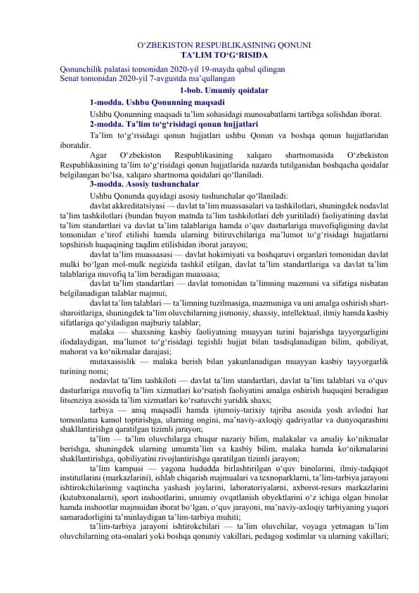 O‘ZBEKISTON RESPUBLIKASINING QONUNI TA’LIM TO‘G‘RISIDA