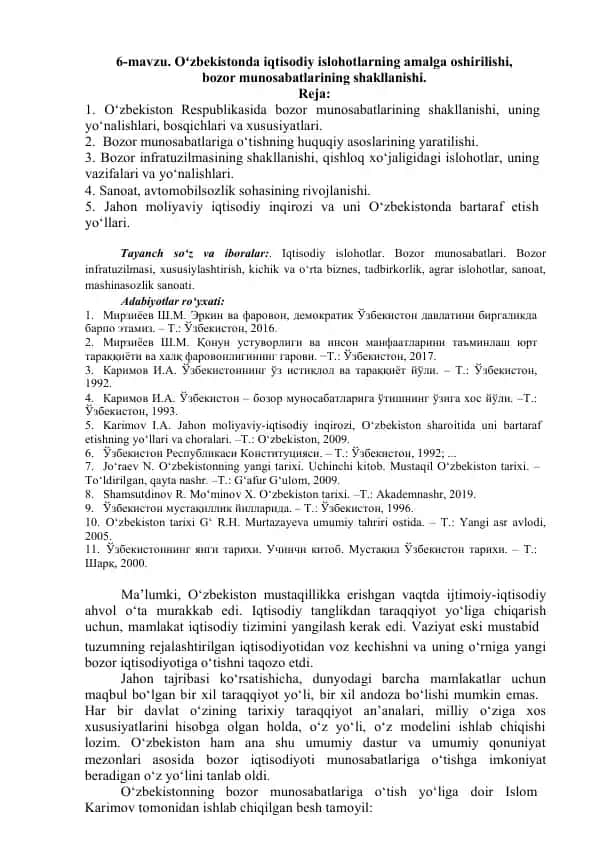 O'zbekistonda iqtisodiy islohotlarning amalga oshirilishi