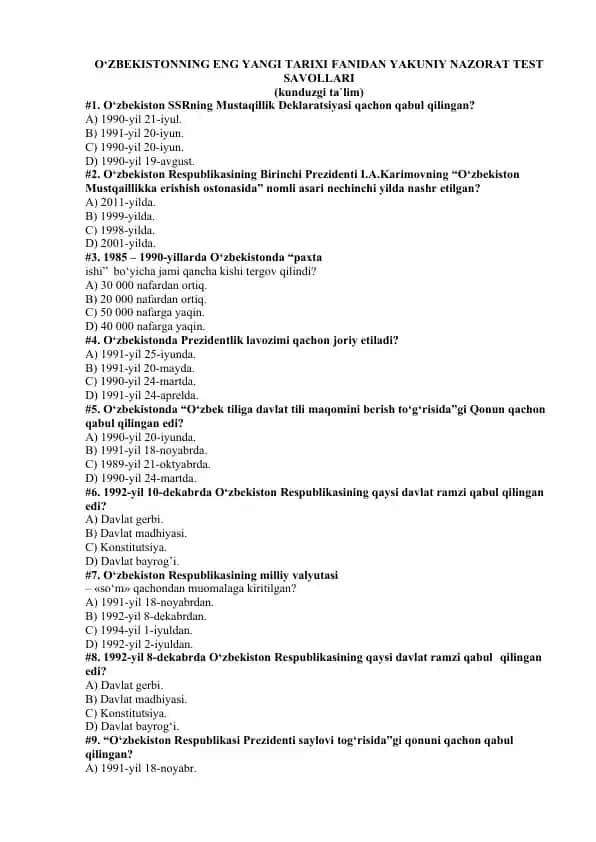 O‘ZBEKISTONNING ENG YANGI TARIXI FANIDAN YAKUNIY NAZORAT TEST SAVOLLARI