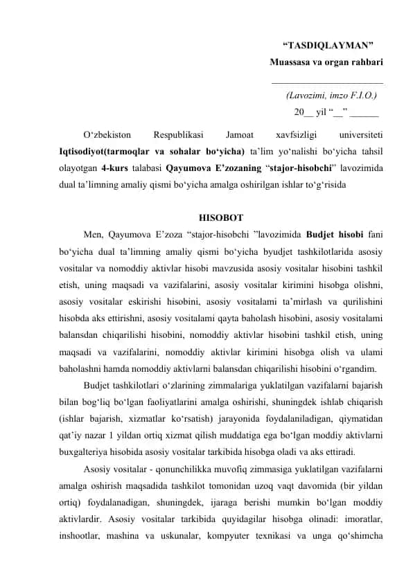Budjet tashkilotlarida asosiy vositalar va nomoddiy aktivlar hisobi