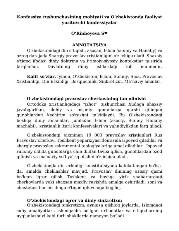 Konfessiya tushunchasining mohiyati va Oʻzbekistonda faoliyat yurituvchi konfessiyalar