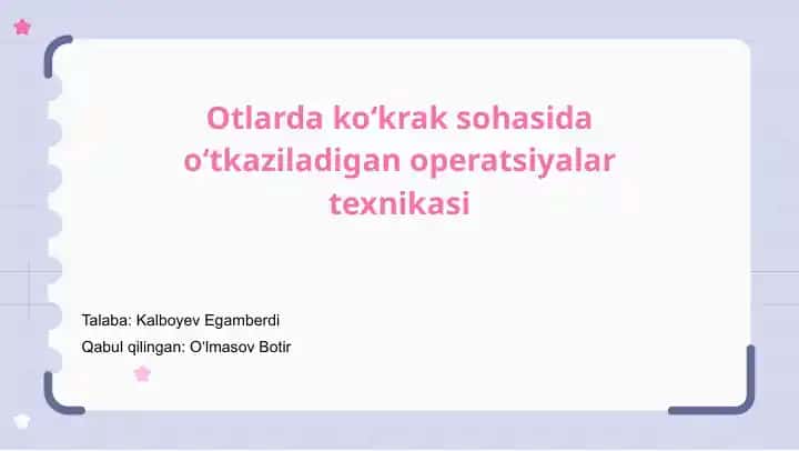 Otlarda ko‘krak sohasida o‘tkaziladigan operatsiyalar texnikasi