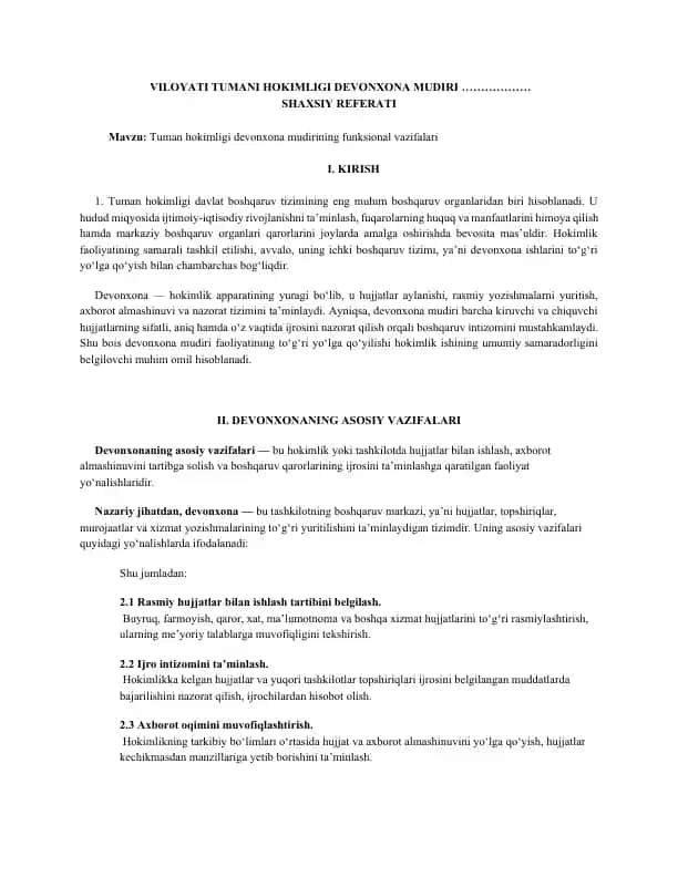 Tuman hokimligi devonxona mudirining funksional vazifalari