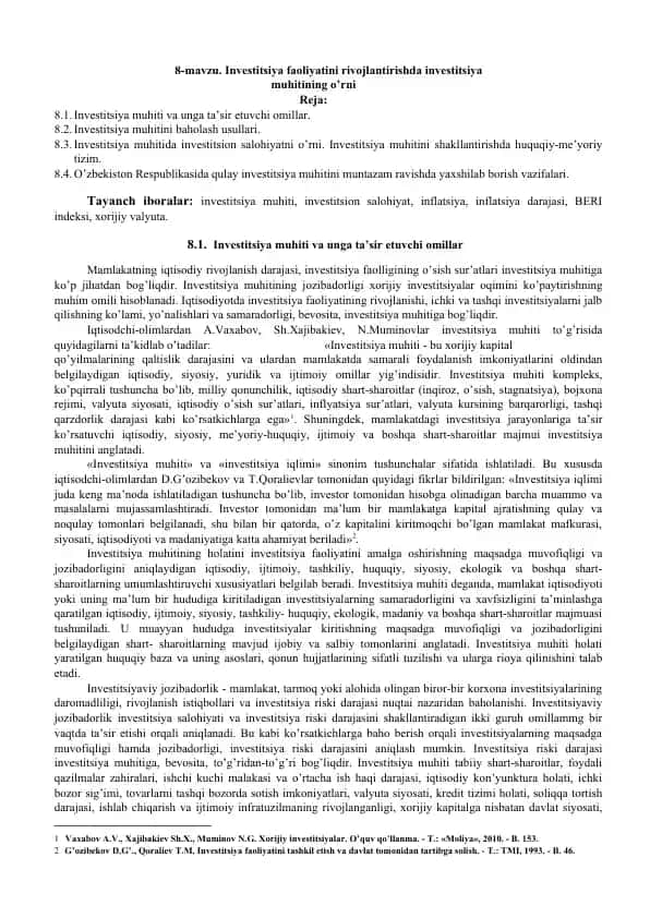 Investitsiya faoliyatini rivojlantirishda investitsiya muhitining o'rni