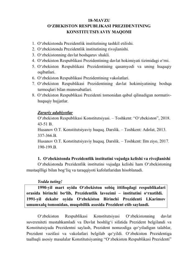 O‘zbekiston Respublikasi Prezidentining Konstitutsiyaviy Maqomi