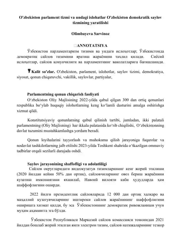 O'zbekiston parlament tizmi va undagi islohatlar