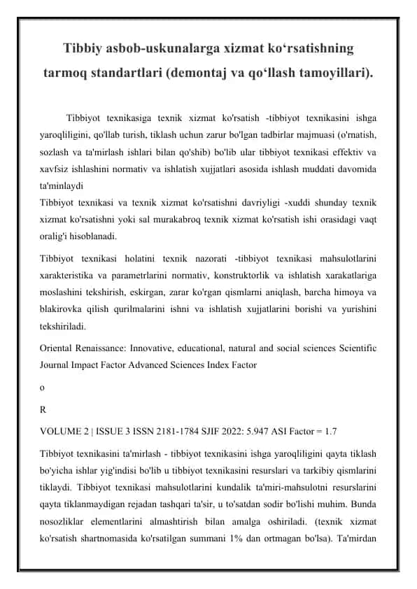 Tibbiyot texnikasi va texnik xizmat ko'rsatishni davriyligi