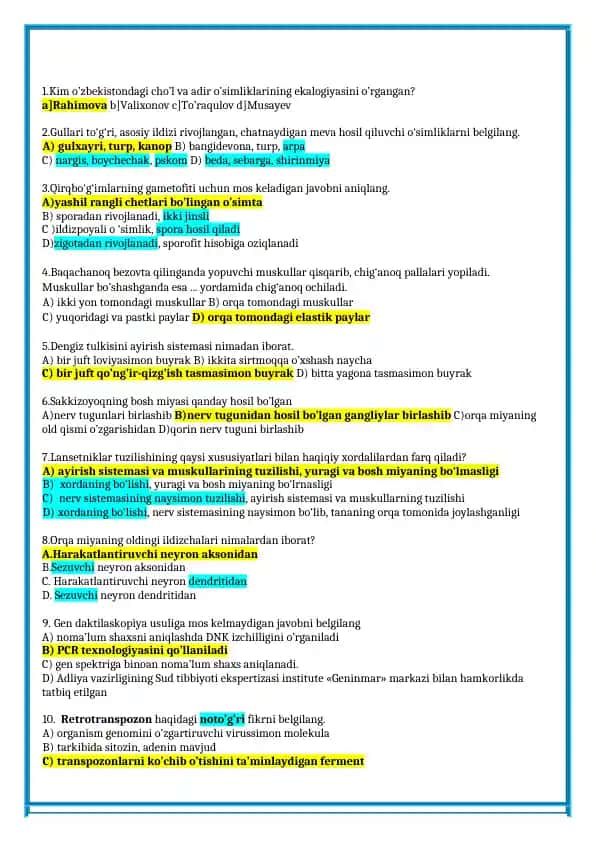 Biologiya test savollari