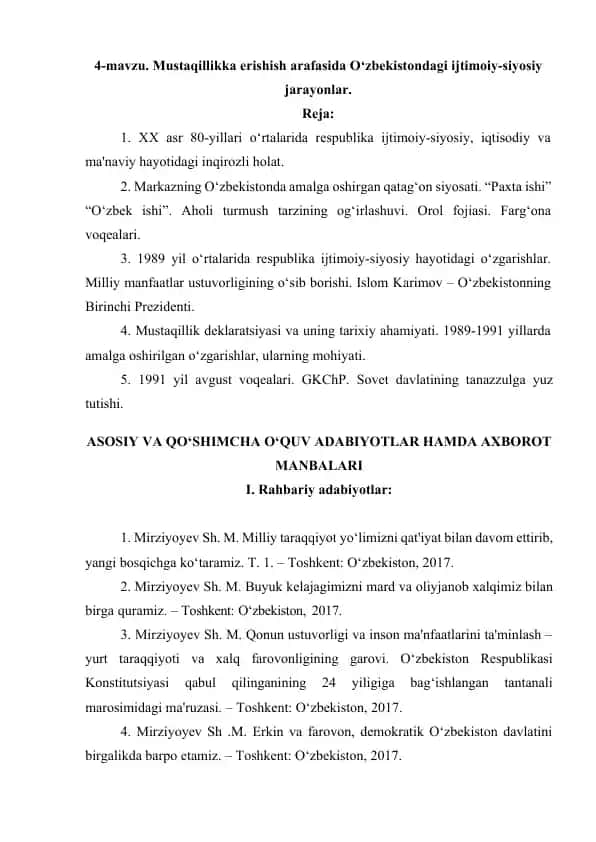 O‘zbekistonda Mustaqillikka erishish jarayonlari