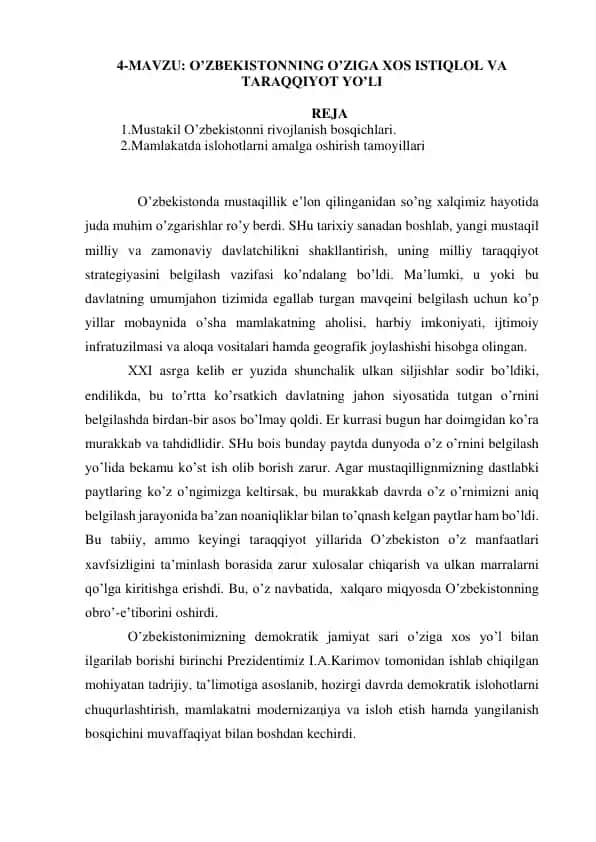 O'zbekistonning o'ziga xos istiqlol va tarqqiyot yo'li