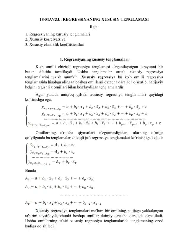 Regressiyaning xususiy tenglamasi