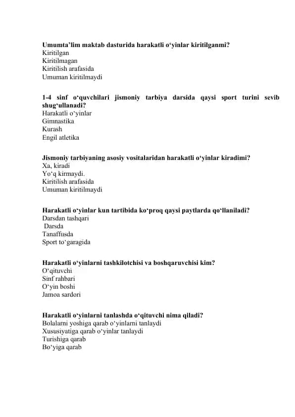 Harakatli o‘yinlar bo‘yicha pedagogik tavsiyalar