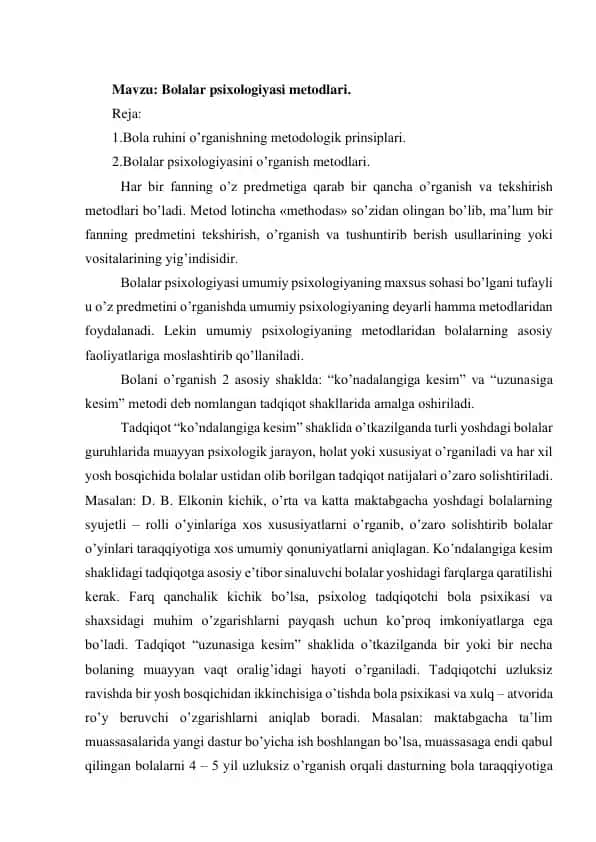Bolalar psixologiyasi metodlari
