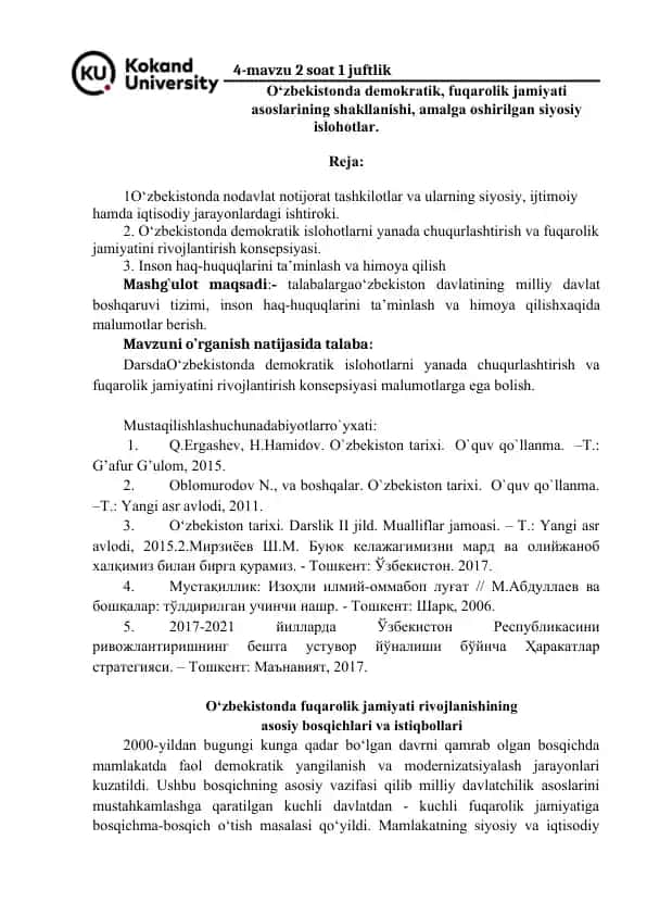 O‘zbekistonda demokratik islohotlar va fuqarolik jamiyati