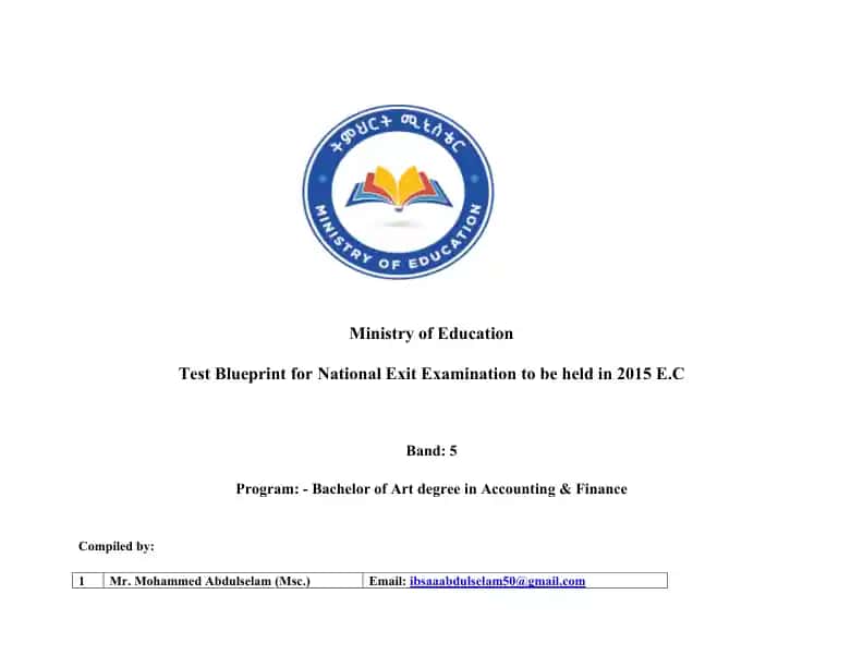 National Exit Examination Test Blueprint for Bachelor of Art degree in Accounting & Finance
