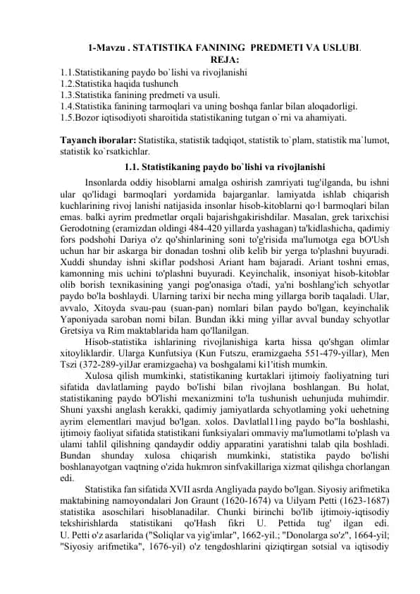 STATISTIKA FANINING PREDMETI VA USLUBI