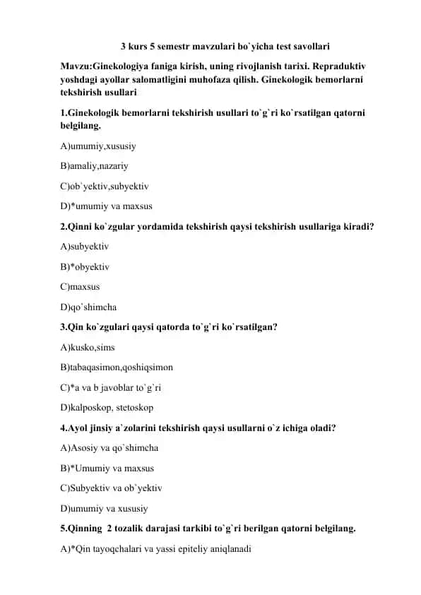 3 kurs 5 semestr mavzulari bo`yicha test savollari
