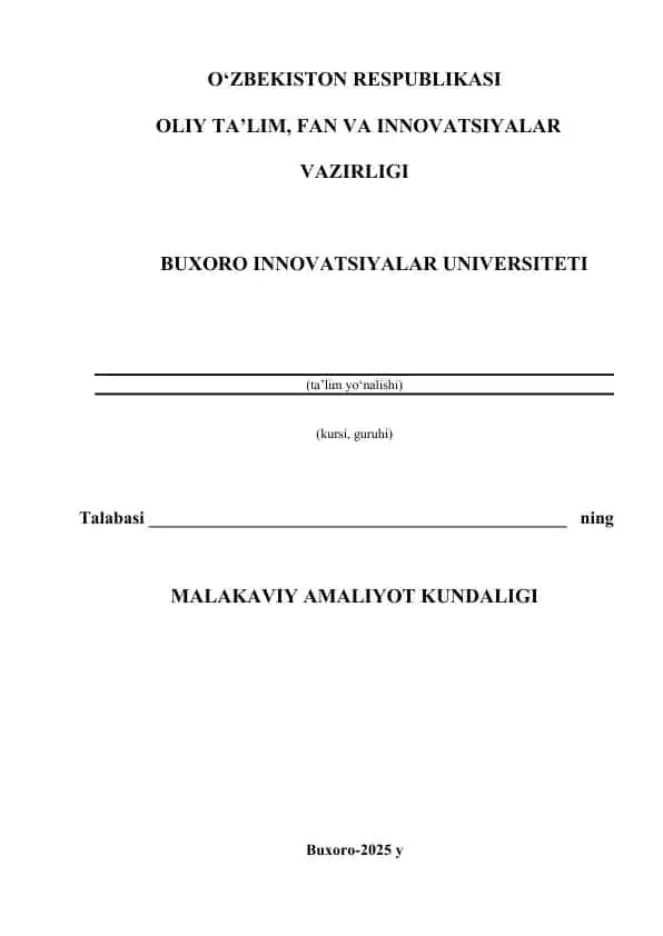 Malakaviy Amaliyot Kundaligi Shablon