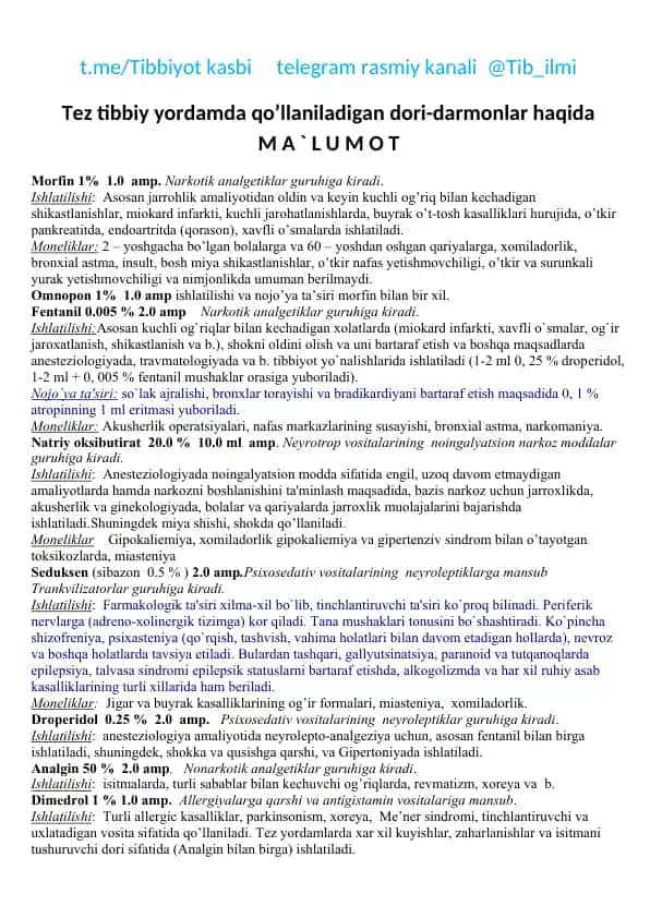Tibbiyot kasbi - Tez tibbiy yordamda qo’llaniladigan dori-darmonlar to‘plami