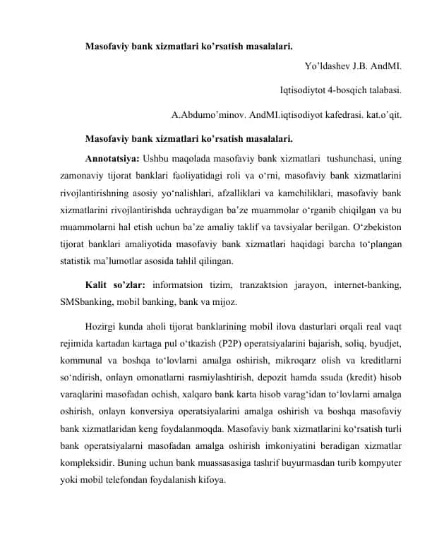 Masofaviy bank xizmatlari