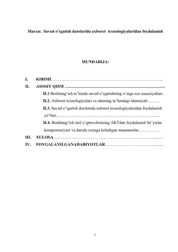 Savod o'rgatish darslarida axborot texnologiyalaridan foydalanish