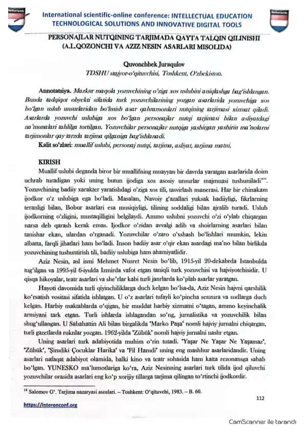 Personajlar nutqining tarjimada qayta talqin qilishi (A.L.Qozonchi va Aziz Nesin asarlari misolida)