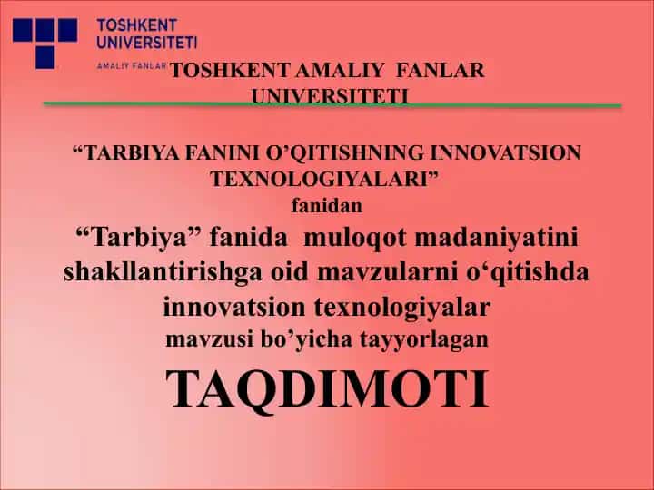 Tarbiya Fanini O’qitishning Innovatsion Texnologiyalari