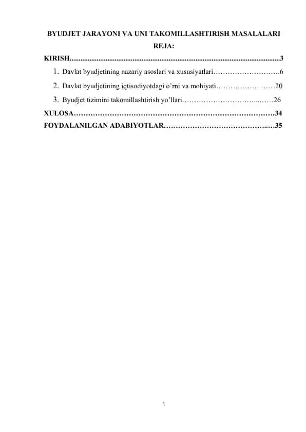 BYUDJET JARAYONI VA UNI TAKOMILLASHTIRISH MASALALARI