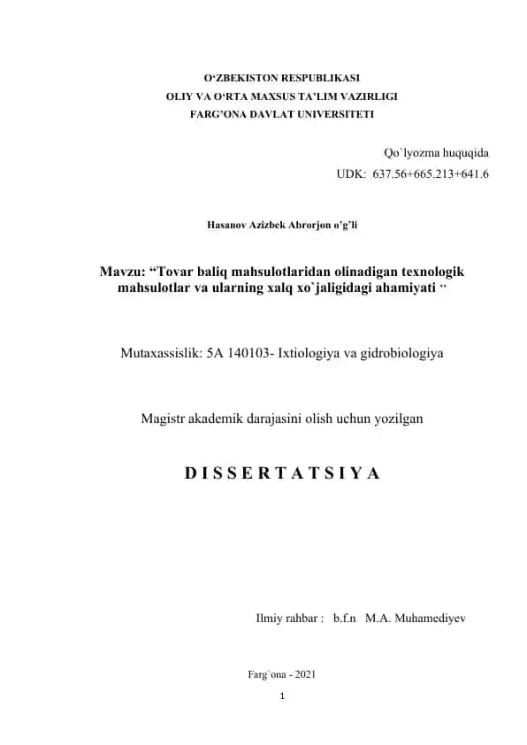 Tovar baliq mahsulotlaridan olinadigan texnologik mahsulotlar va ularning xalq xo‘jaligidagi ahamiyati