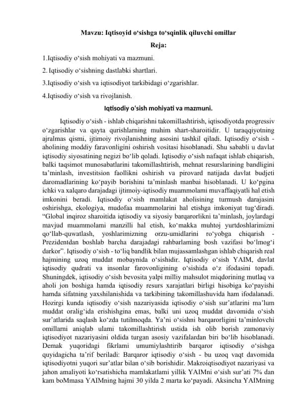 Iqtisodiy o‘sishga to‘sqinlik qiluvchi omillar