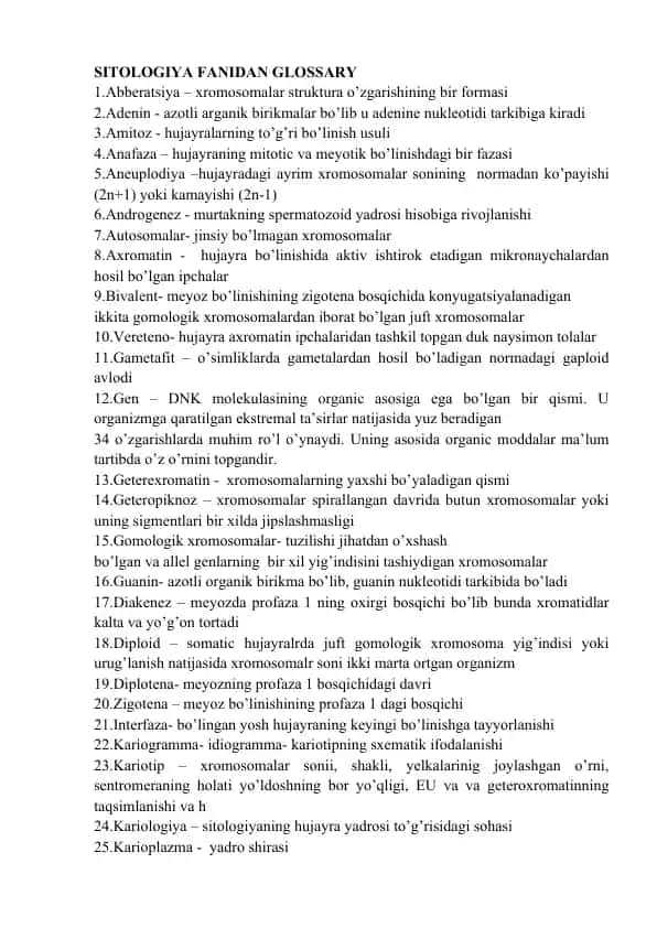 SITOLOGIYA FANIDAN GLOSSARY