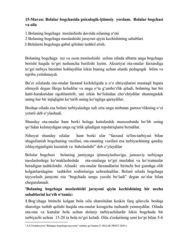 Bolalar bogchasida psixologik-ijtimoiy yordam