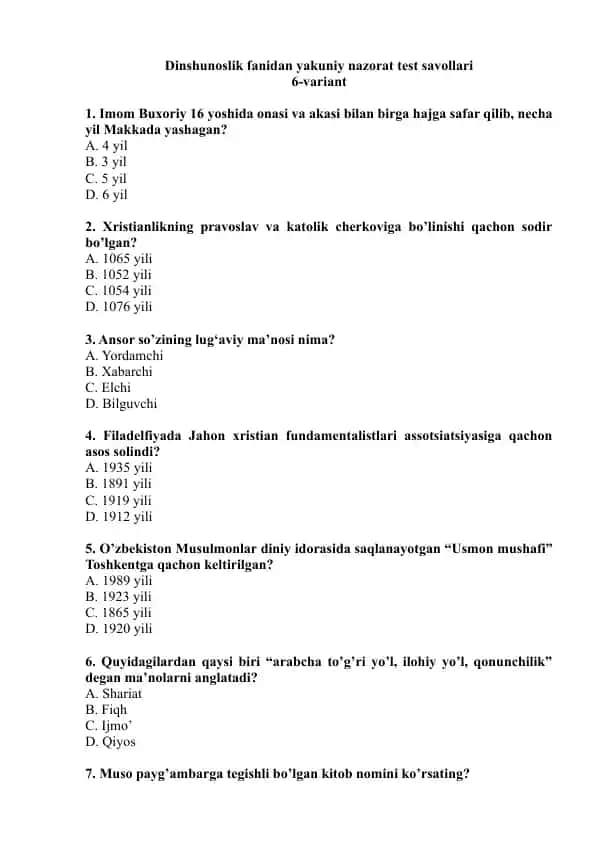 Dinshunoslik fanidan yakuniy nazorat test savollari